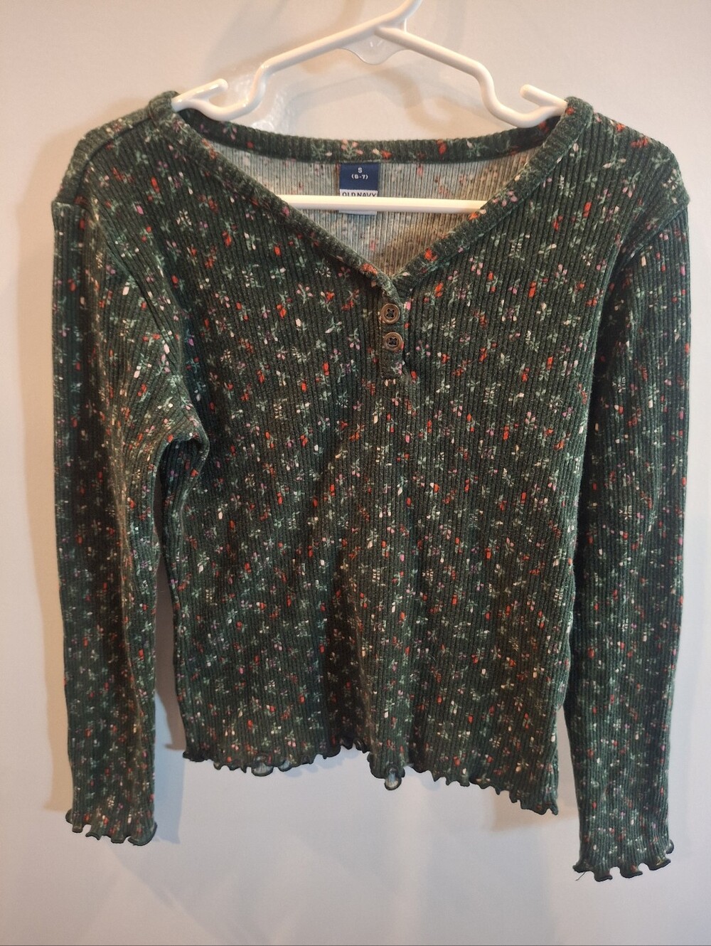 Girls’s Green Ribbed Henley Top with Tiny Floral Print